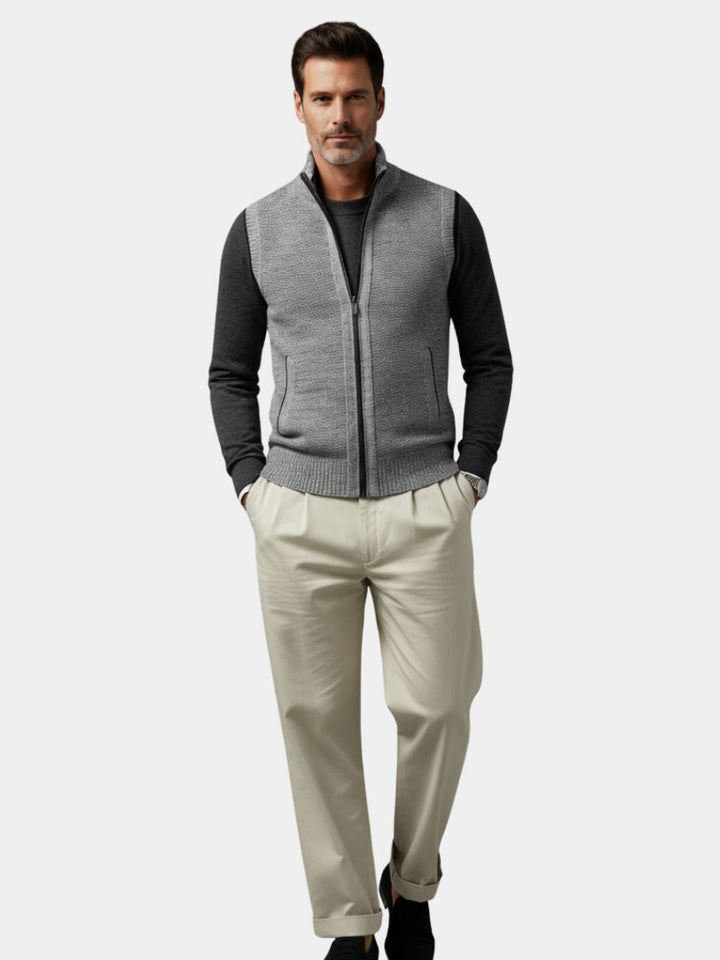 Elegant Men's Zip-Up Sweater Vest with Emblem - Knit Vest