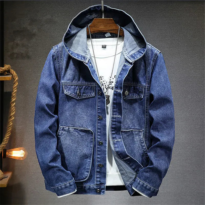 Men's Hooded Denim Jacket - Rugged Denim Hoodie for Casual Streetwear