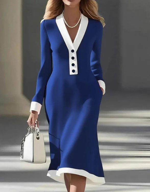Elegant Long-Sleeve V-Neck Women's Midi Dress