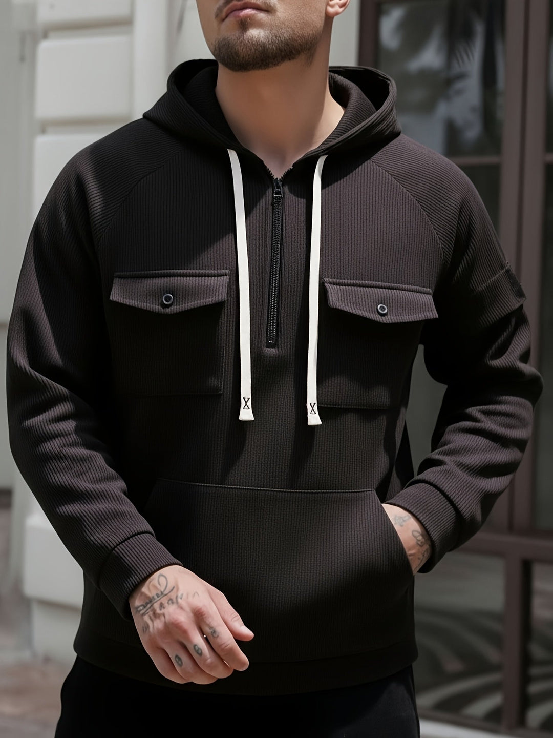Men's Quarter-Zip Hoodie with Chest Pockets