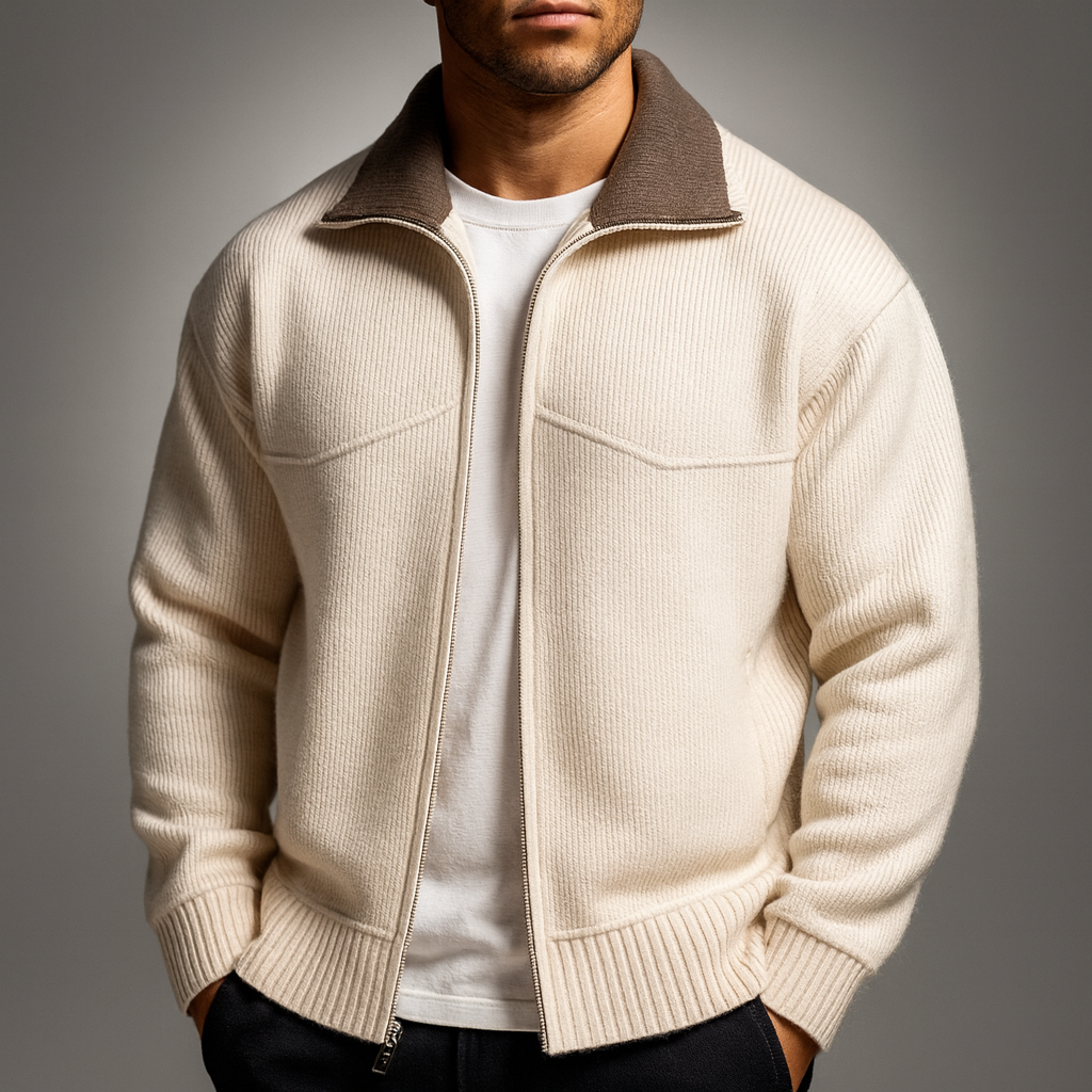 Men's Knit Zip Cardigan with Mock Neck for Business and Casual Wear