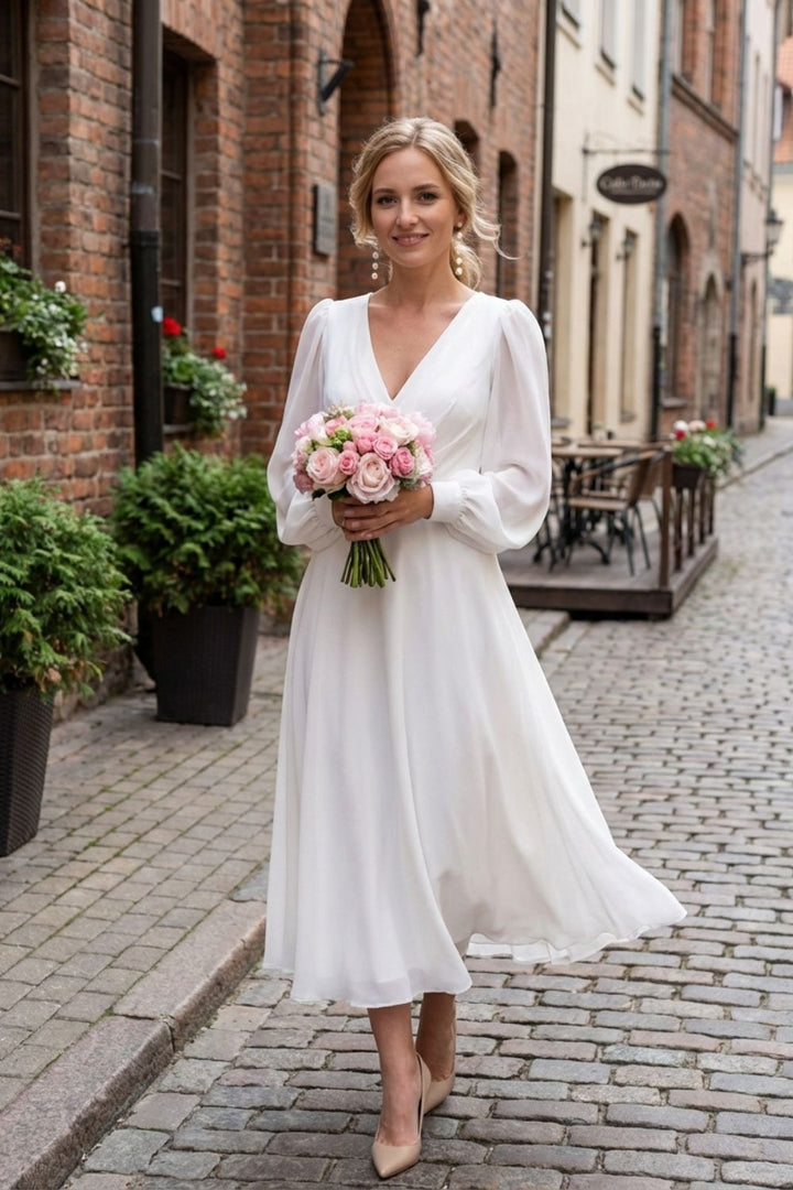 Elegant V-Neck Women's Long Sleeve Midi Dress