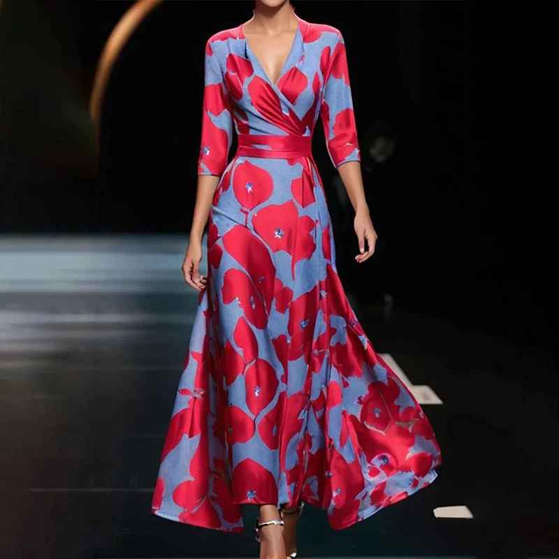 Elegant Floral V-Neck Women's Maxi Dress