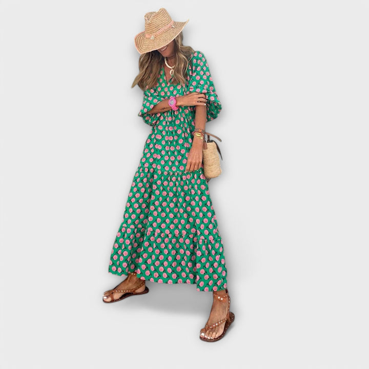 Elegant Women's Maxi Dress with Geometric Pattern - Relaxed Fit with V-Neckline