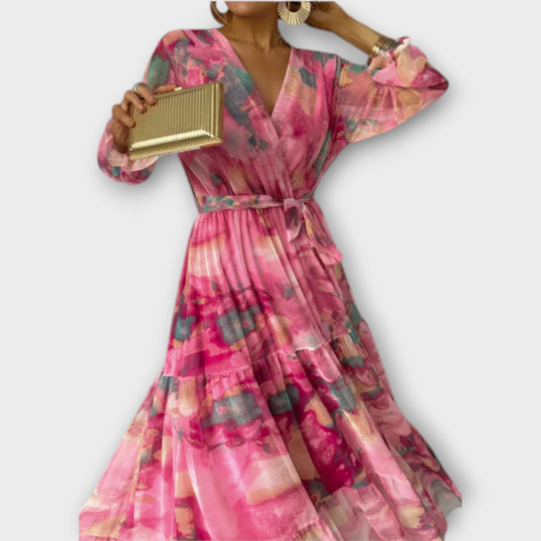 Elegant Women's Maxi Dress with Watercolor Pattern - Feminine Design for Special Occasions