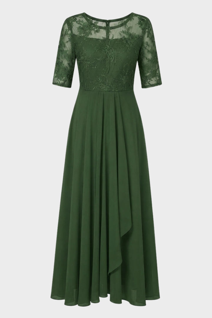Elegant Festive Women's Chiffon Maxi Dress with Lace Bodice and 3/4 Sleeves