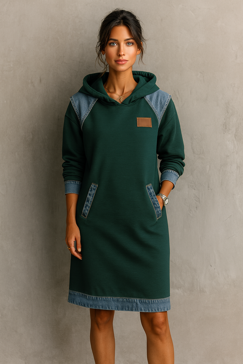 Women's Casual Hoodie Dress with Denim Inserts