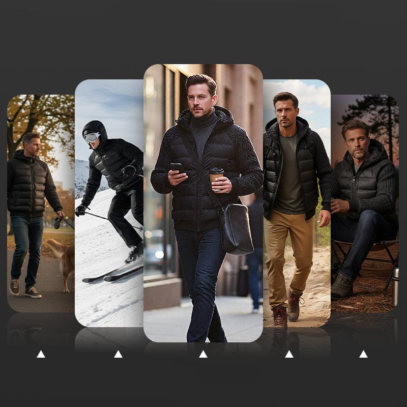 Men's Windproof Quilted Jacket with Knit Sleeves and Down Insulation