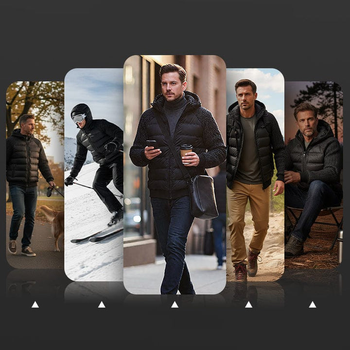 Men's Windproof Quilted Jacket with Knit Sleeves and Down Insulation