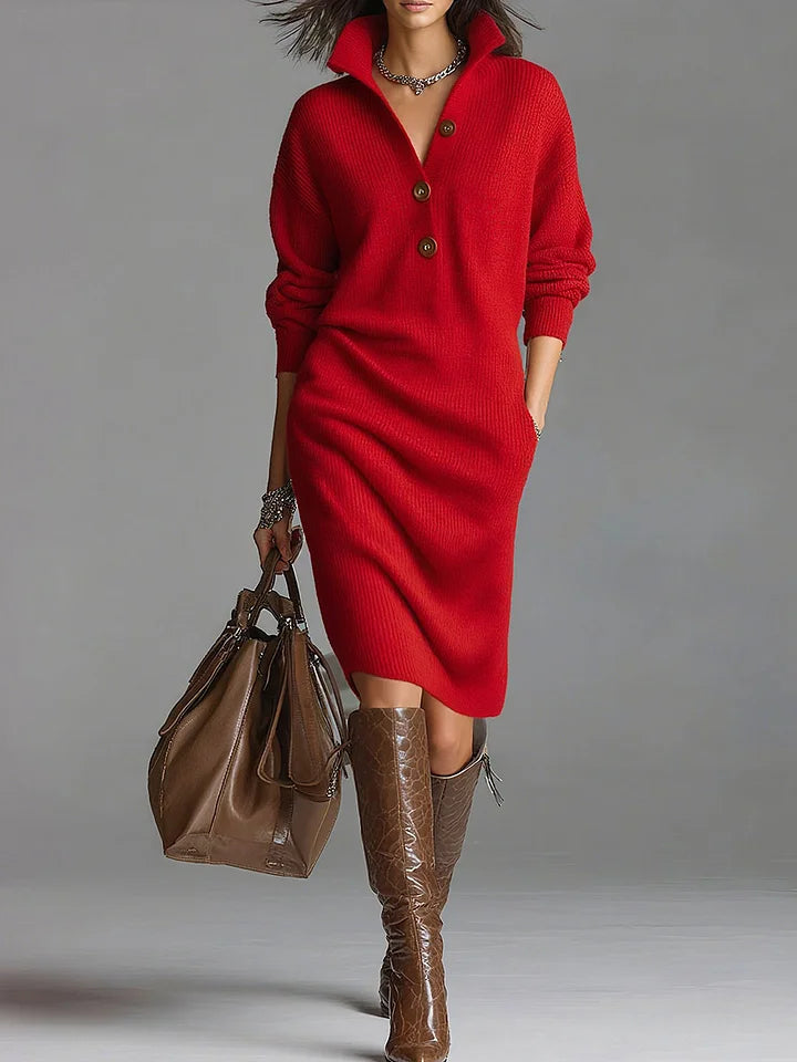 Elegant Women's Knit Dress with Collar and Button Details - Long Sleeve Winter