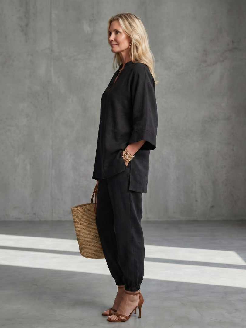Elegant Relaxed Women's V-Neck Tunic & Gathered Trouser Set