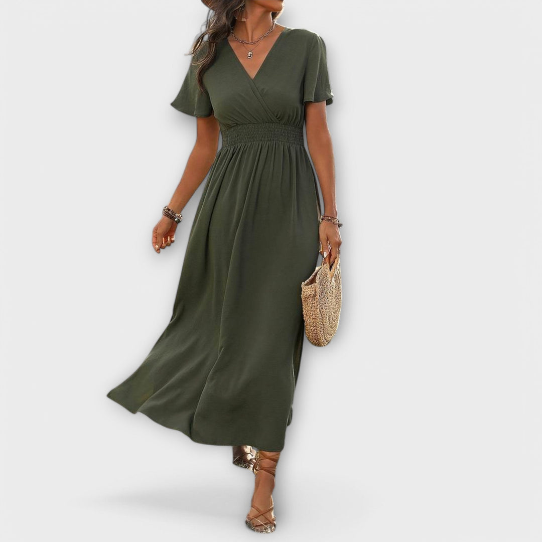 Elegant Women's Boho Dress with V-Neck and Long Sleeves