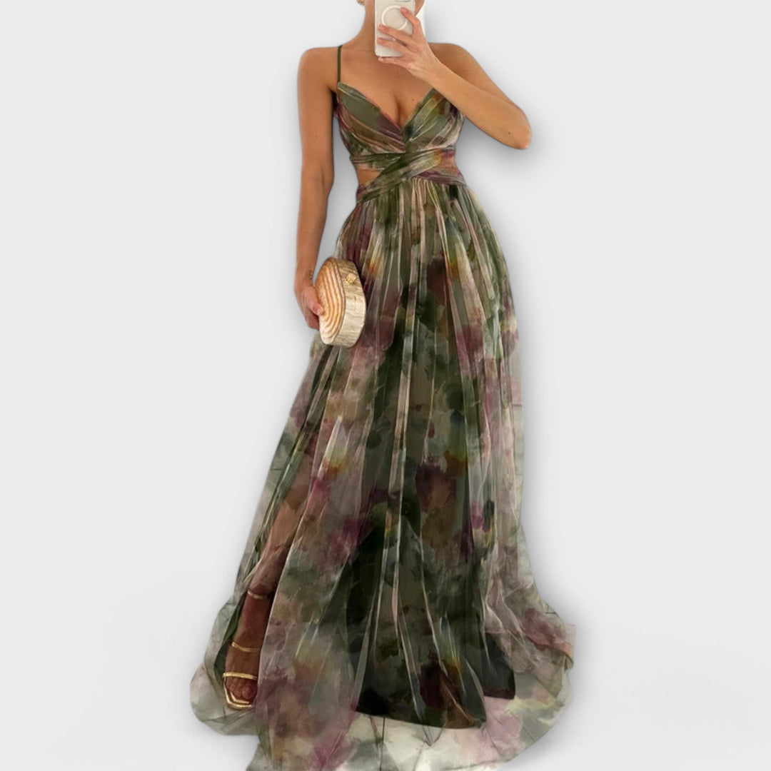 Elegant Women's Printed Mesh Maxi Dress - Figure-Hugging Fit