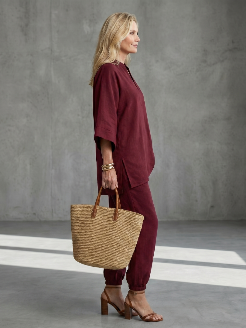 Elegant Relaxed Women's V-Neck Tunic & Gathered Trouser Set