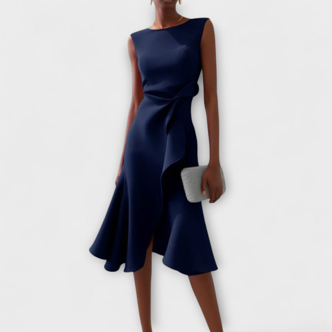 Elegant Draped Women's Asymmetric Midi Dress