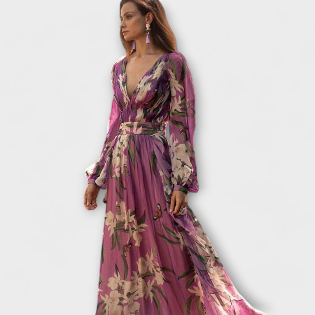 Elegant Women's Maxi Dress - Long Sleeve with V-Neck for Special Occasions