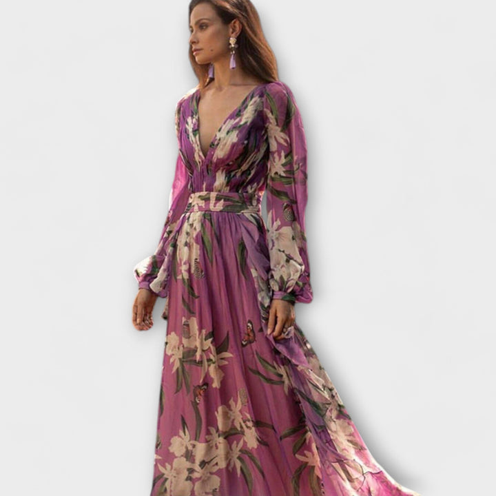Elegant Women's Maxi Dress - Long Sleeve with V-Neck for Special Occasions