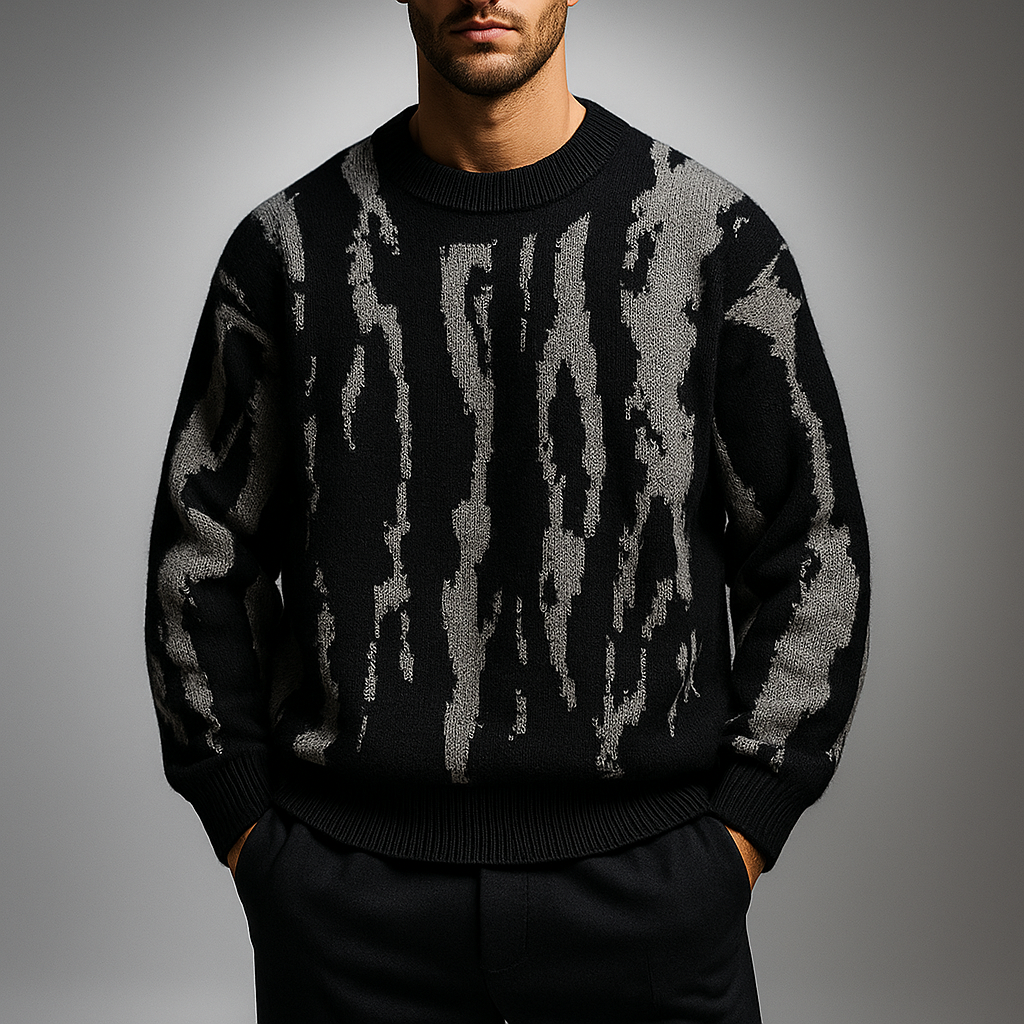 Men's Abstract Dune Pattern Knit Sweater - Crewneck Midweight Knit Pullover