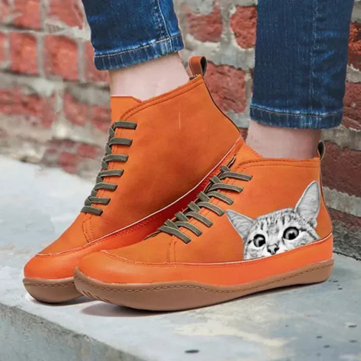 Women's Leather Ankle Boots with Cat Design - Warm-Lined Winter Boots