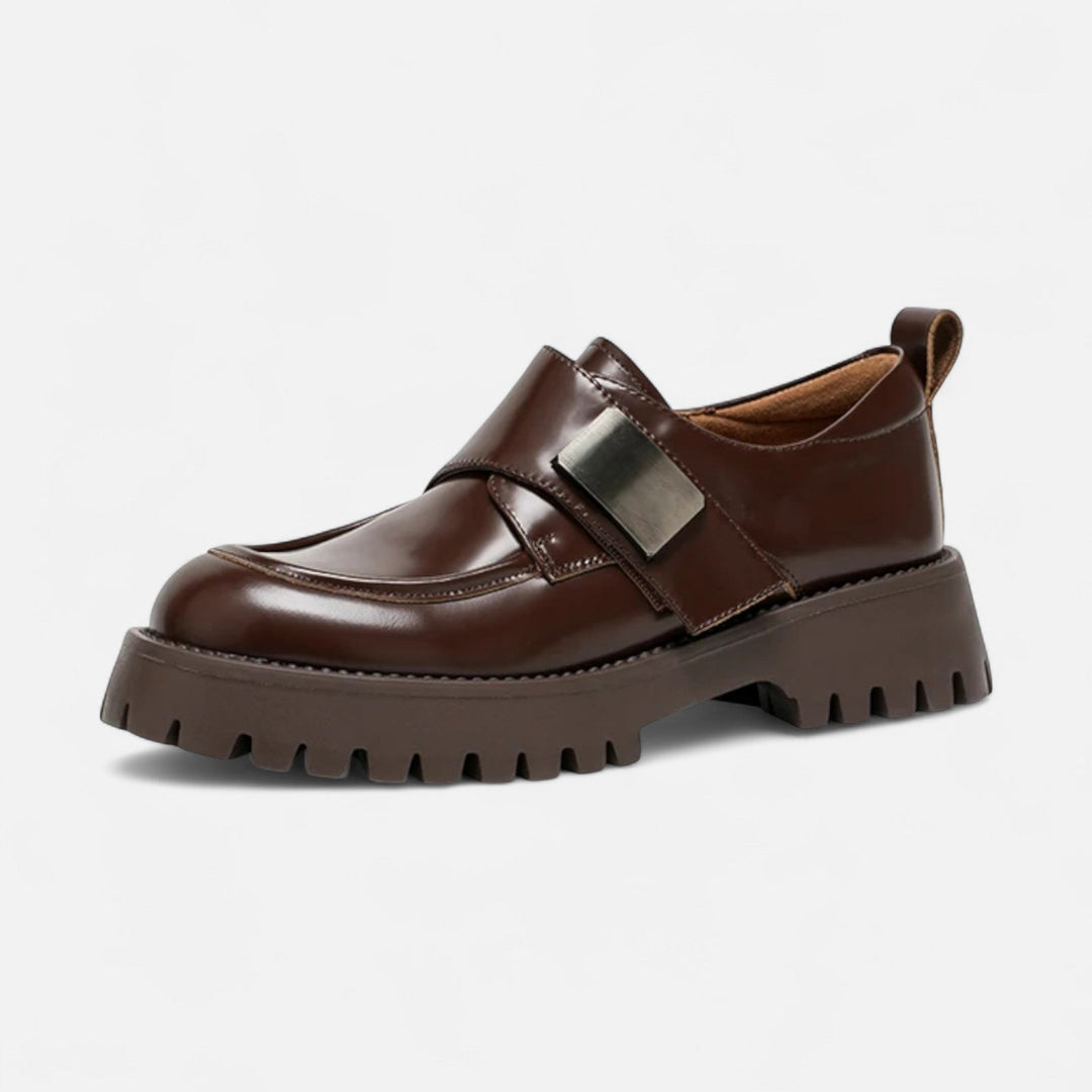 Elegant Women's Leather Derby Shoes with Round Toe and Buckle Closure