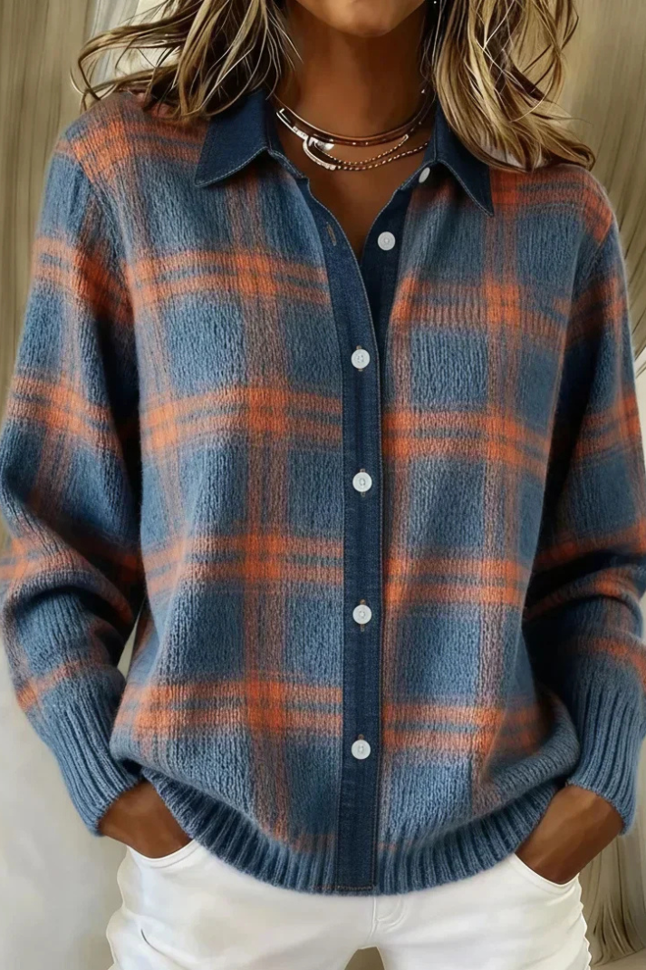 Women's Plaid Knit Blouse with Button Placket