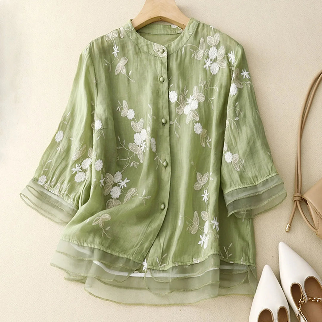 Elegant Women's Blouse with Floral Embroidery and Mesh Details - Airy Linen Blend
