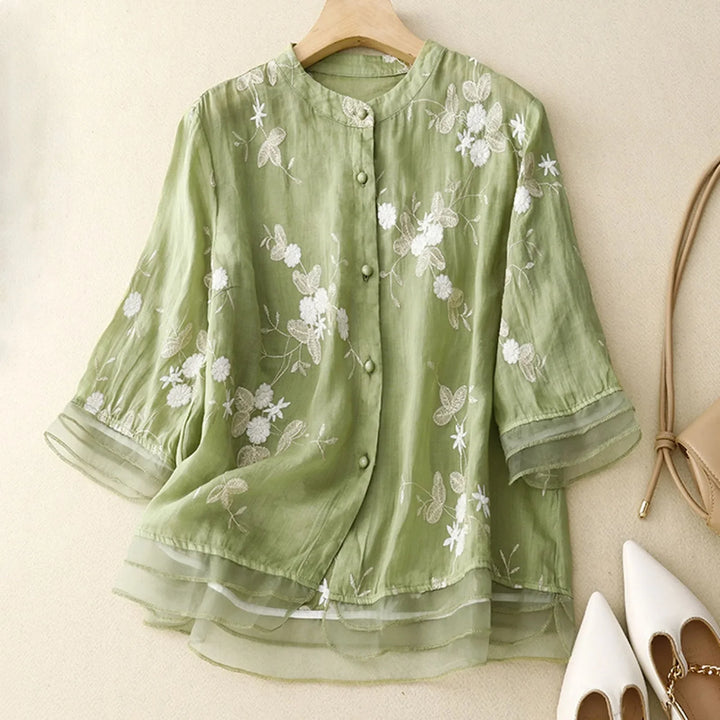 Elegant Women's Blouse with Floral Embroidery and Mesh Details - Airy Linen Blend