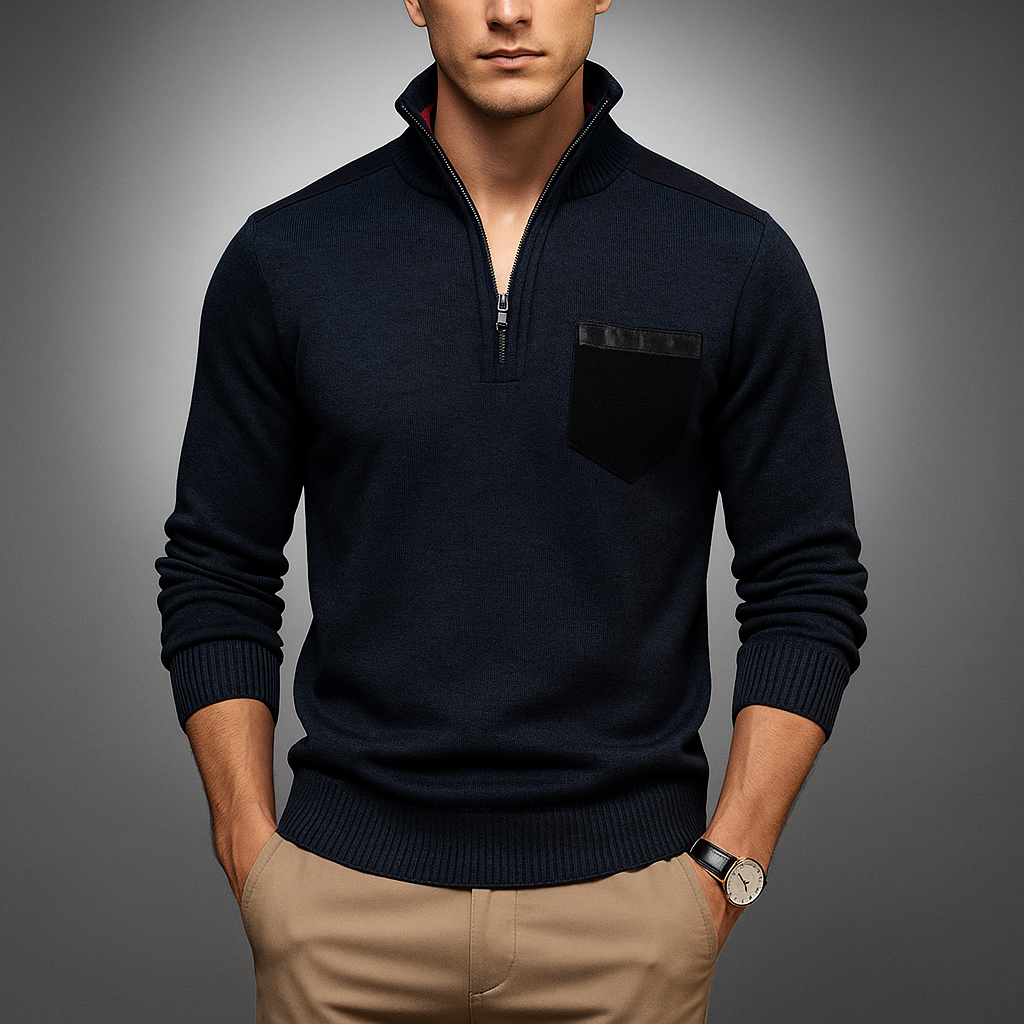 Men's Quarter-Zip Pullover with Contrast Details - High Collar and Modern Fit