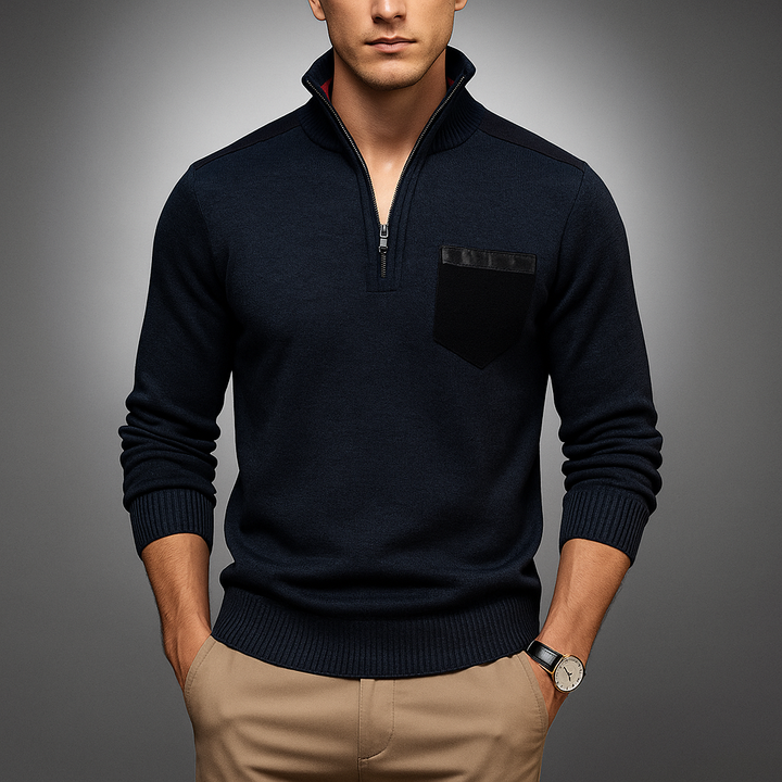 Men's Quarter-Zip Pullover with Contrast Details - High Collar and Modern Fit