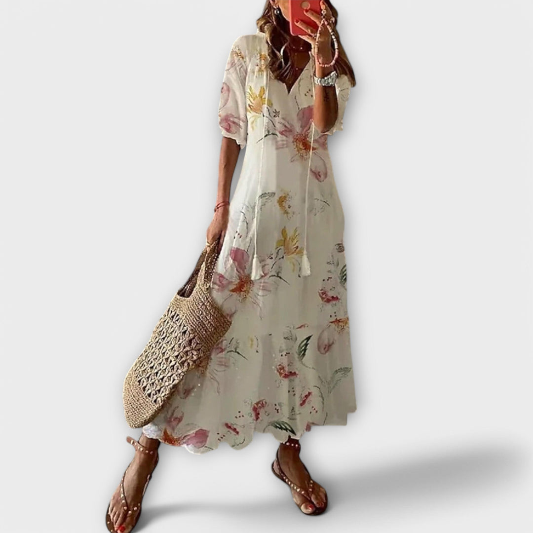 Women's Bohemian Maxi Dress with V-Neckline - Lightweight Summer Dress
