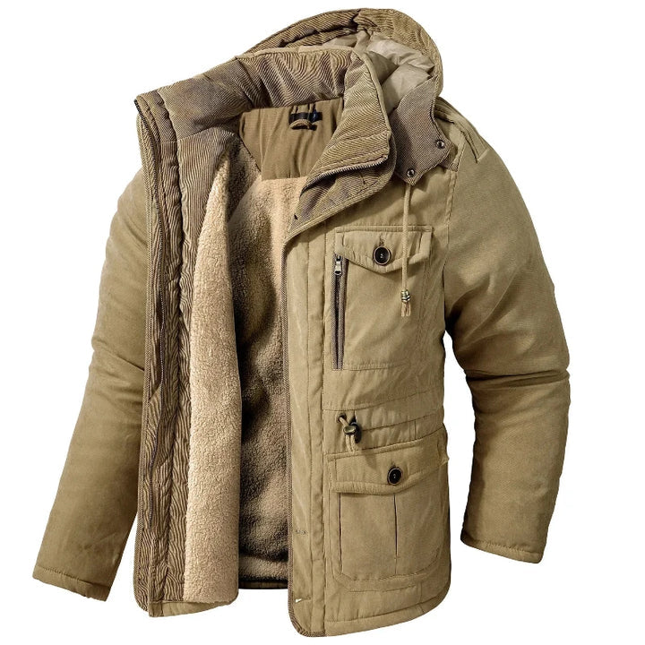 Rugged Men's Winter Jacket with Fleece Lining - Tactical Pockets and Utility Zippers
