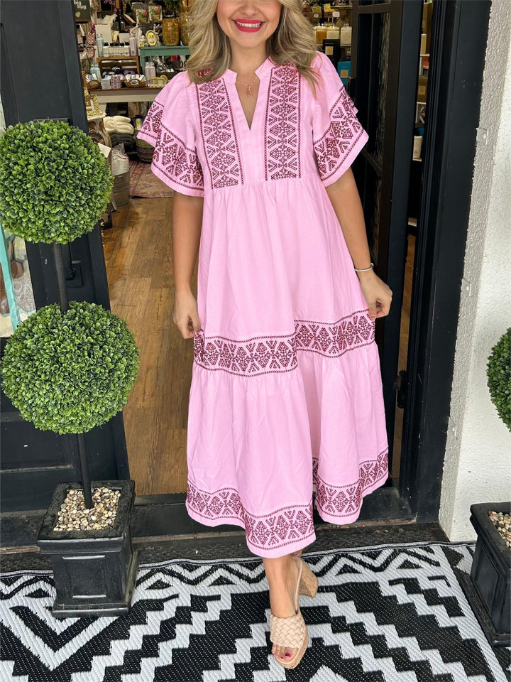 Elegant Bohemian V-Neck Women's Midi Dress