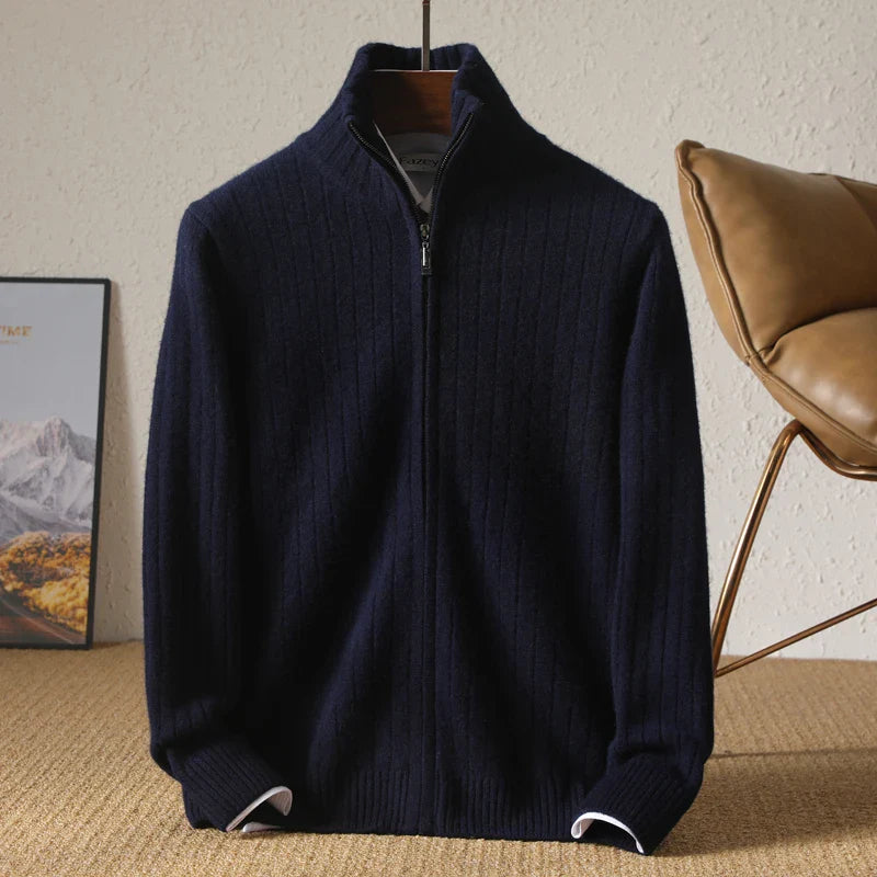 Men's Merino Wool Cardigan with Stand Collar and Zipper