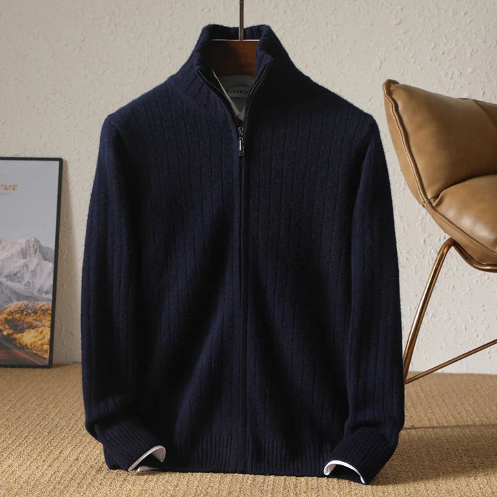 Men's Merino Wool Cardigan with Stand Collar and Zipper