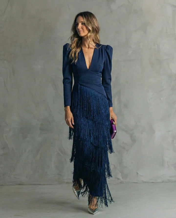 Elegant Fringe Sleeve Women Midi Wedding Guest Dress