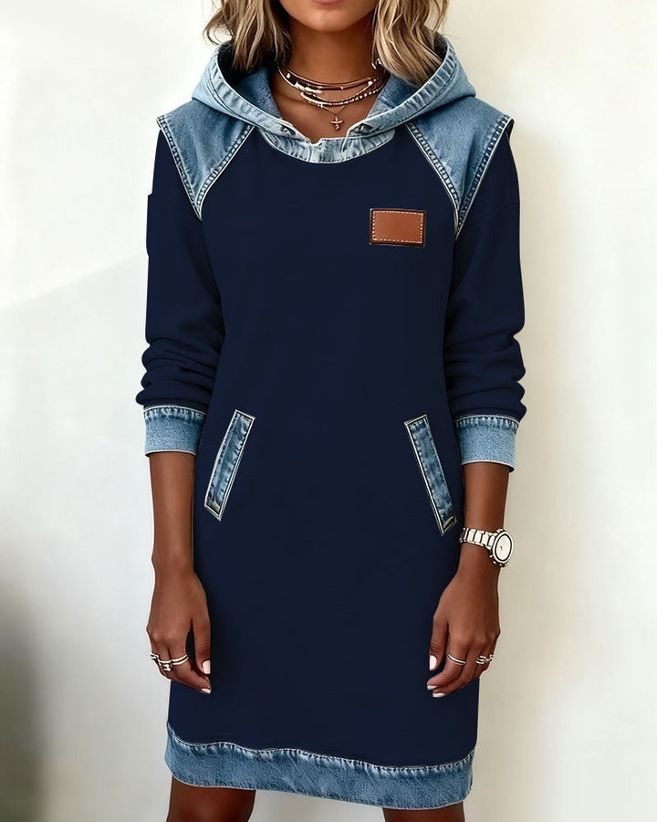 Women's Casual Hoodie Dress with Denim Inserts