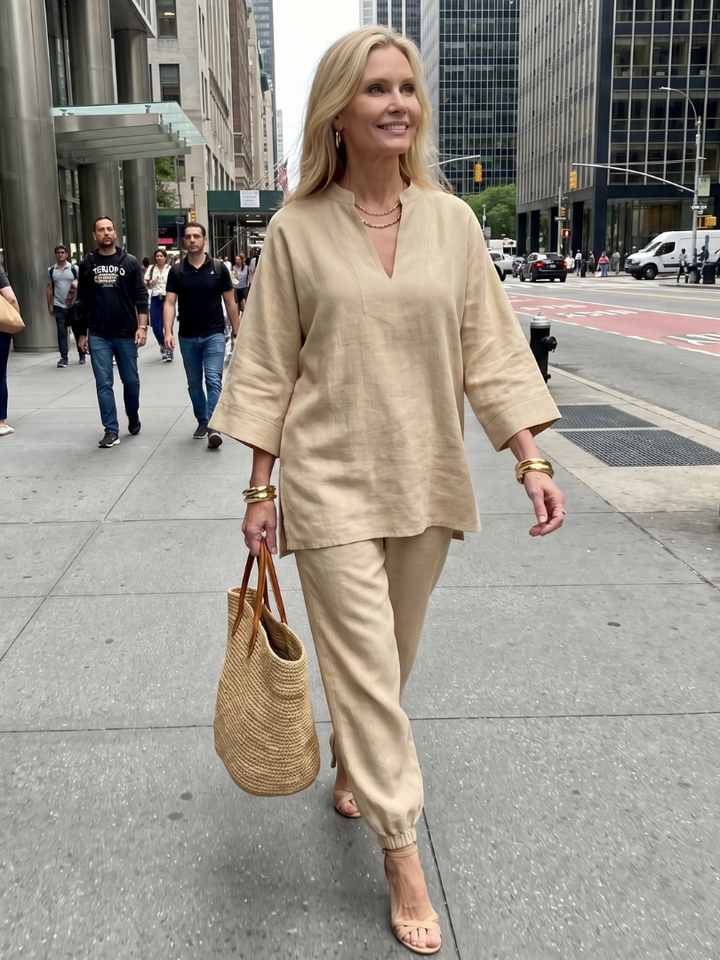 Elegant Relaxed Women's V-Neck Tunic & Gathered Trouser Set