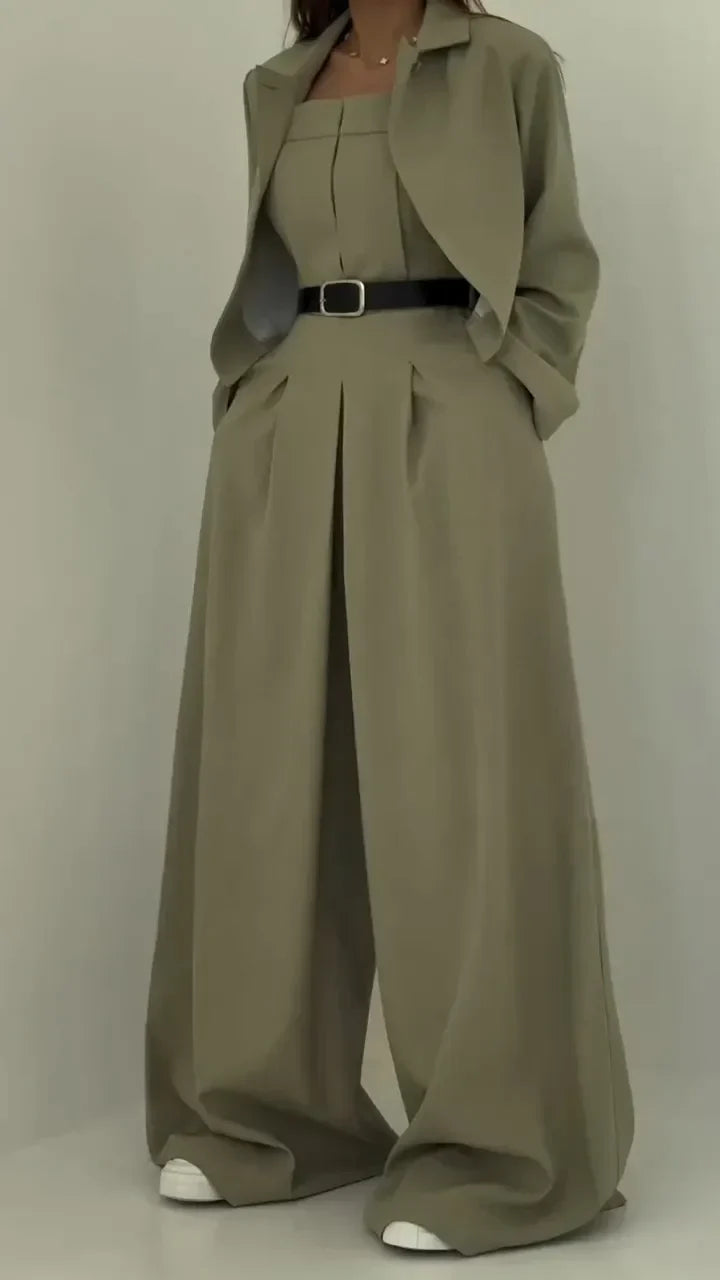 Women's Elegant Bustier Set with Jacket - Wide-Leg Pants and Structured Top