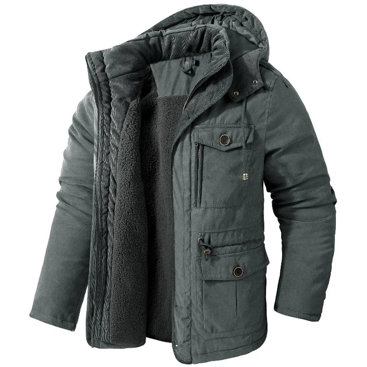 Rugged Men's Winter Jacket with Fleece Lining - Tactical Pockets and Utility Zippers