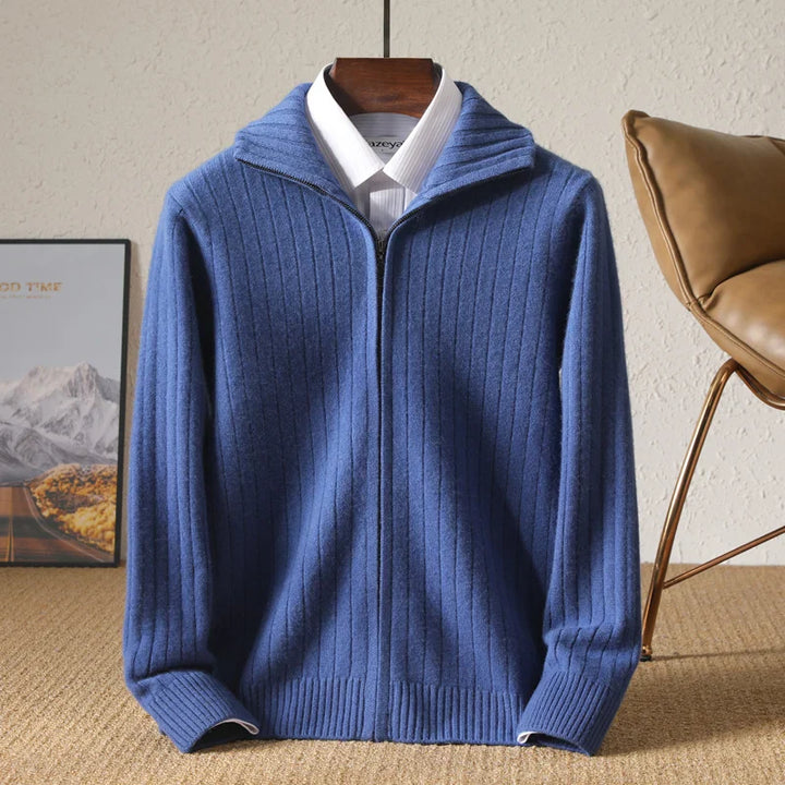 Men's Merino Wool Cardigan with Stand Collar and Zipper