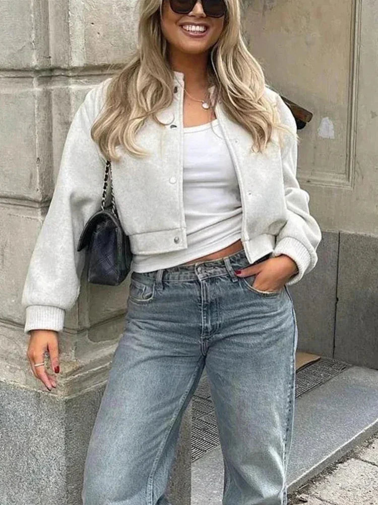 Stylish Cropped Button-Front Women's Bomber Jacket