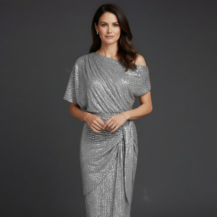 Elegant Sequin Cocktail Dress for Women with Asymmetric Shoulder
