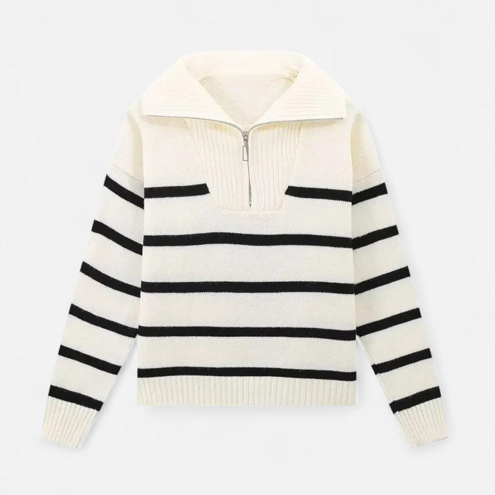 Women's Striped Polo Sweater with Half-Zip - Elegant Fall Fashion