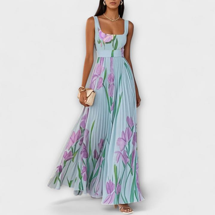Elegant Women's Floral Chiffon Maxi Dress with A-Line Silhouette