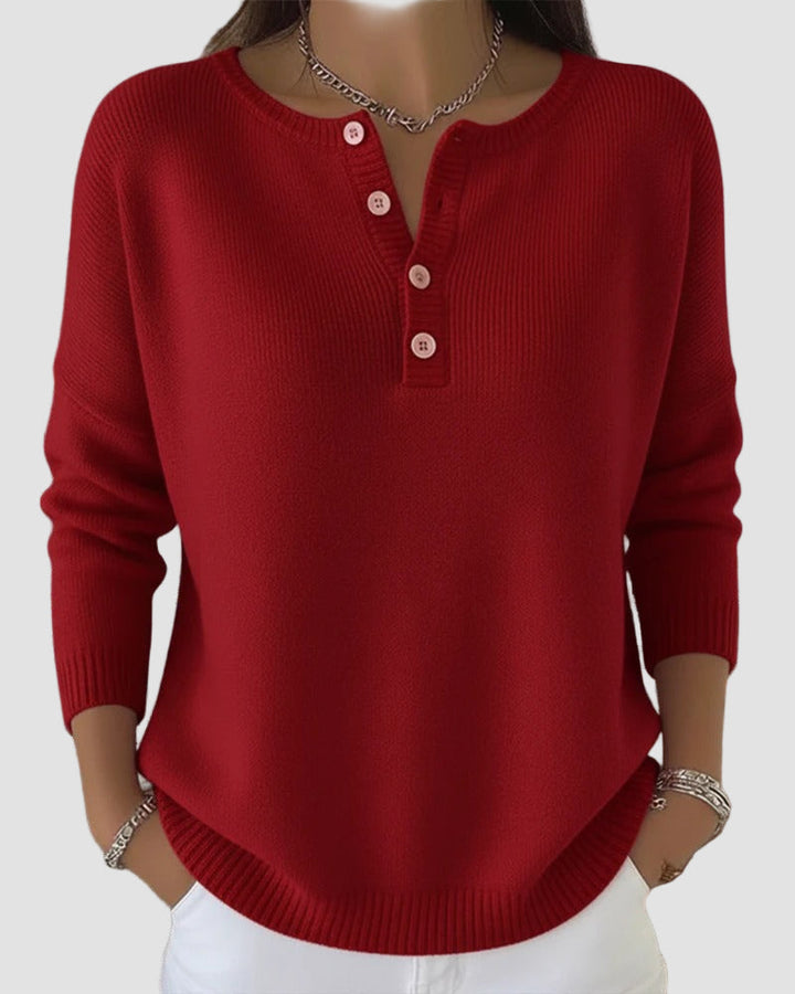 Women's Henley Knit Sweater with Button Placket - Timeless Comfort for Fall and Winter