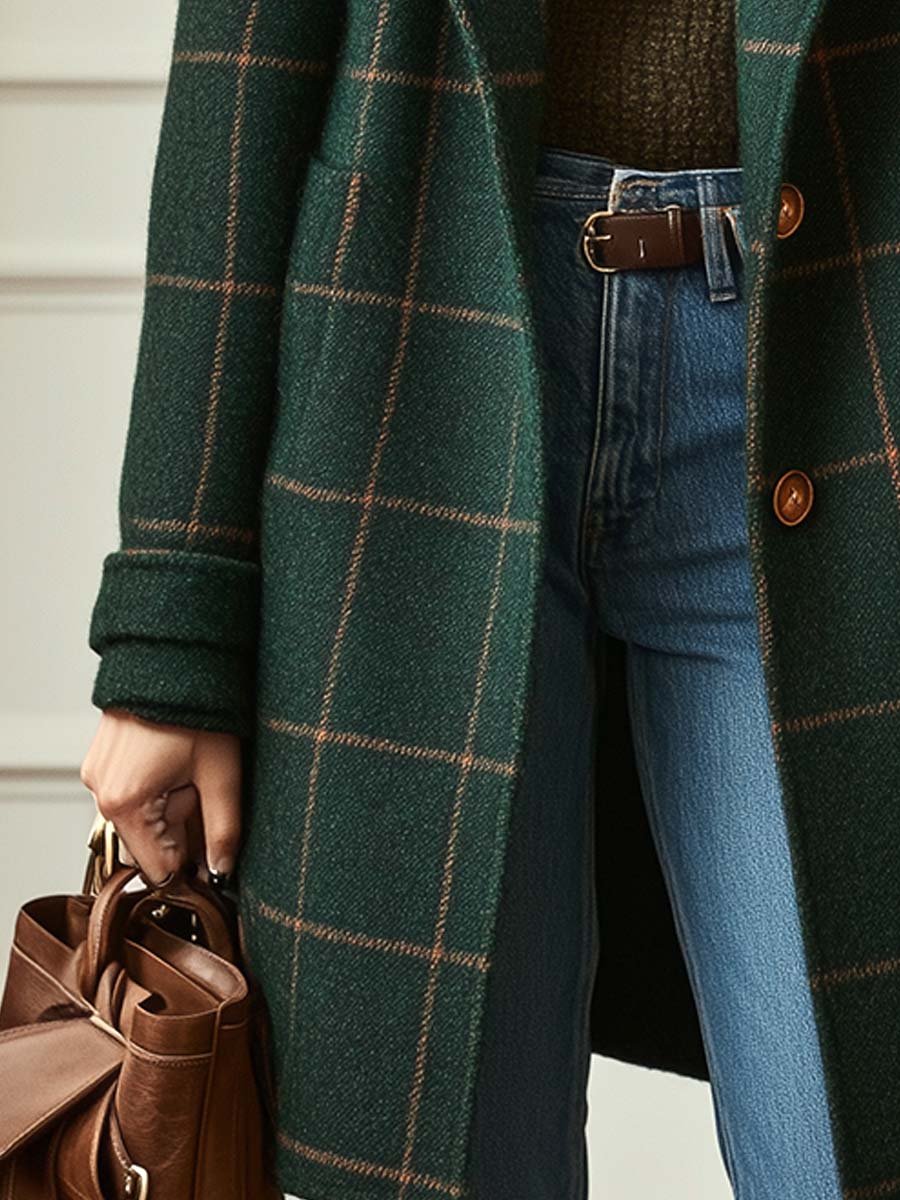 Elegant Women's Tweed Coat with Plaid Pattern and Lapels - Retro Wool Coat