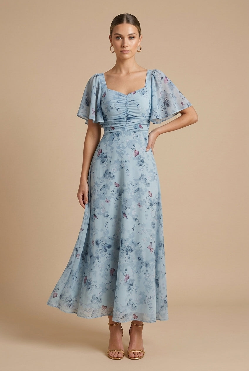 Elegant Floral Women's Maxi Dress with Puff Sleeves