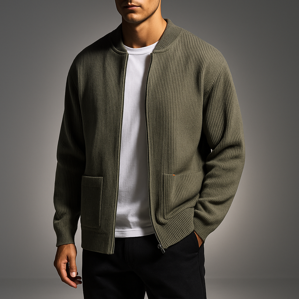 Men's Textured Knit Pullover with Stand Collar - Modern Rib Knit