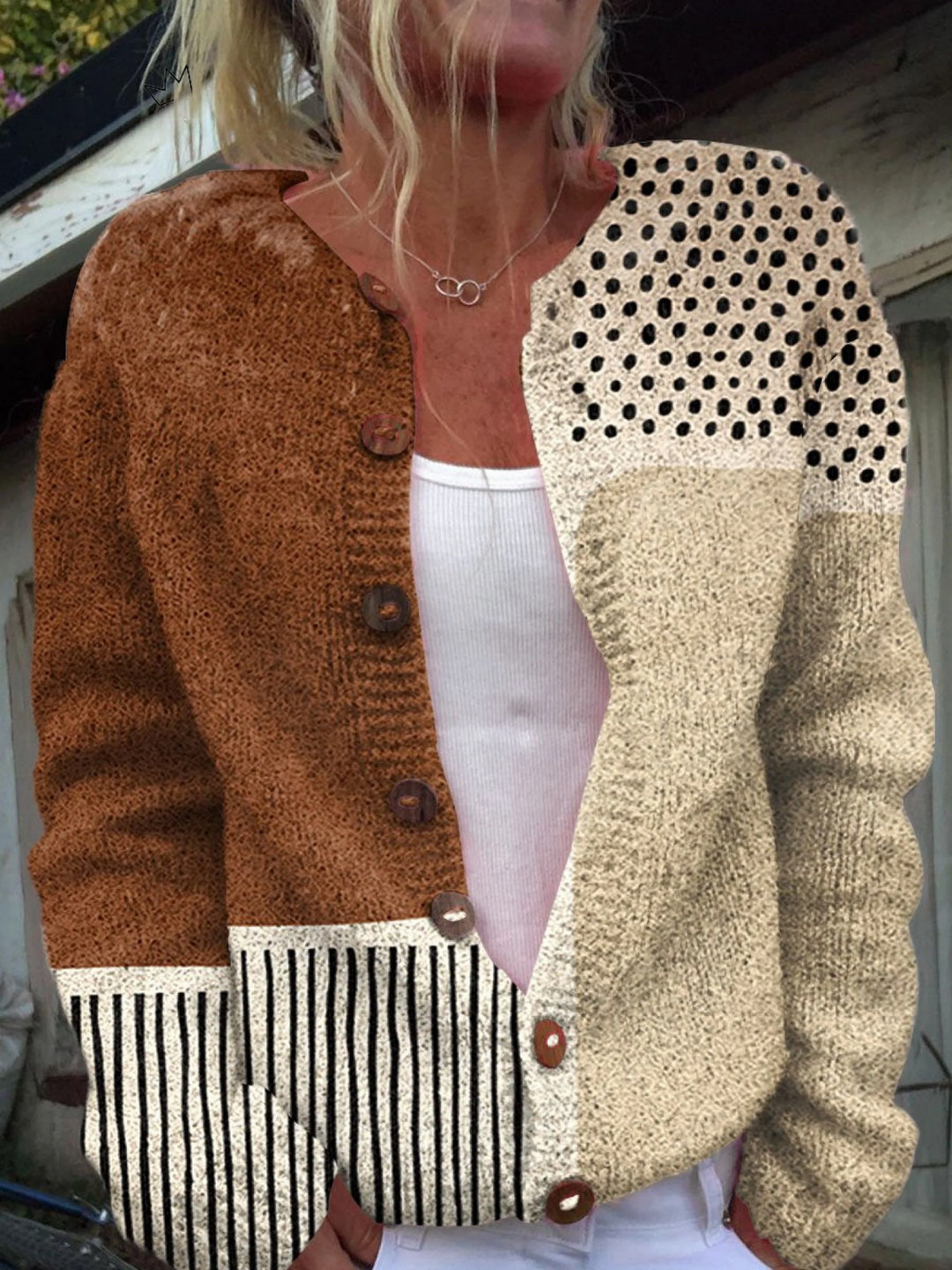 Women's Cardigan with Abstract Polka Dot Pattern - Lightweight Knit Cardigan with Button Front