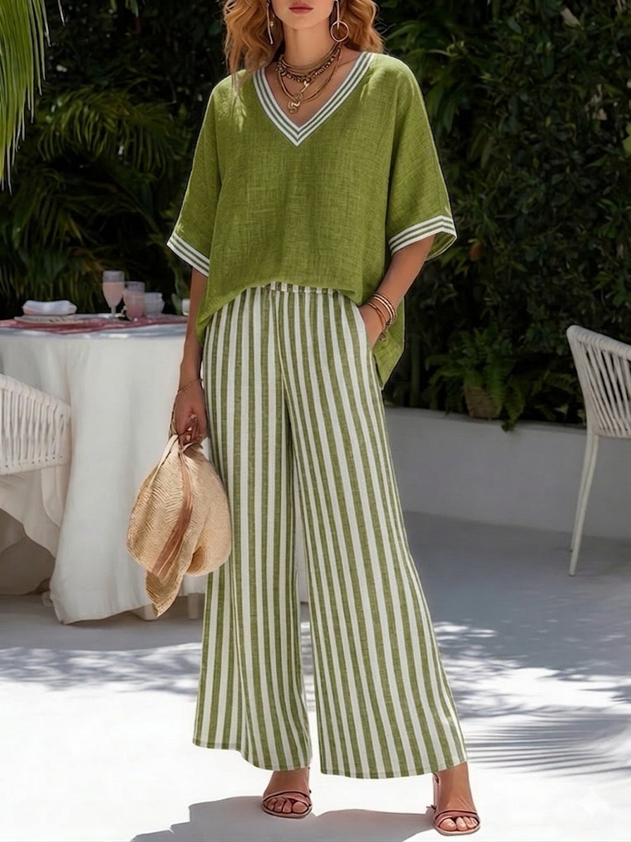 Chic Striped Women's Linen Cotton Ensemble